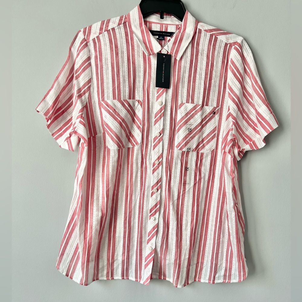 Tommy Hilfiger Plus Size Cotton Dobby Stripe Camp Shirt White Size 0X